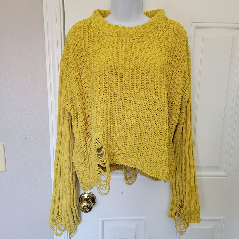 NWT Rehab Lab Bright Yellow Factory Distressed Chenille Loose Knit Sweater Sz L